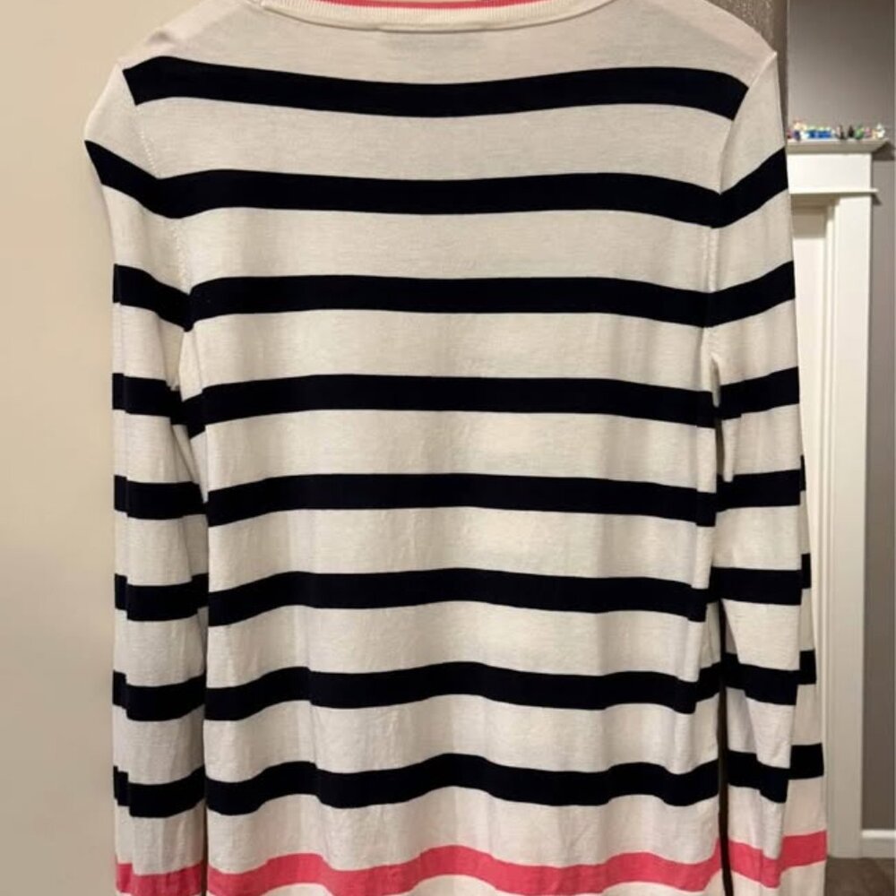 Women's Loft Long Sleeve Ivory with Navy Stripes and Pink Trim Knit Shirt-Size L - Picture 2 of 6